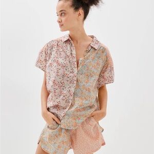 American Eagle Ditsy Patchwork Floral Short Sleeve Oversized Resort Shirt Medium